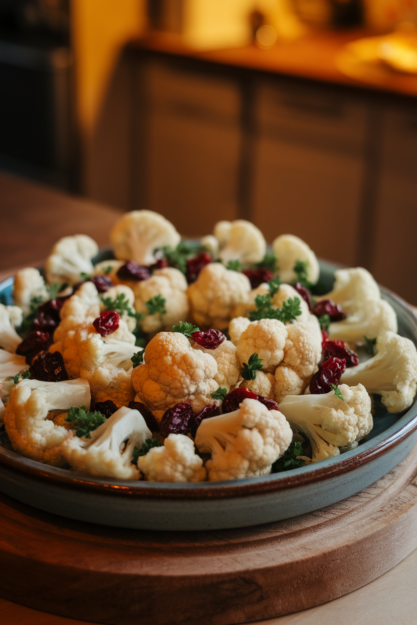 Cauliflower florets tossed with dried cranberries and minced parsley arranged in a circular pattern on a ceramic platter. Warm indoor lighting, no text or logos.