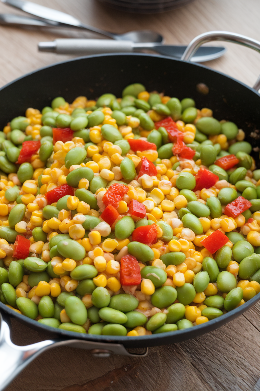 A skillet indoors filled with bright green edamame, yellow corn kernels, and diced red pepper, lightly sauced. No logos or text. Photo only.