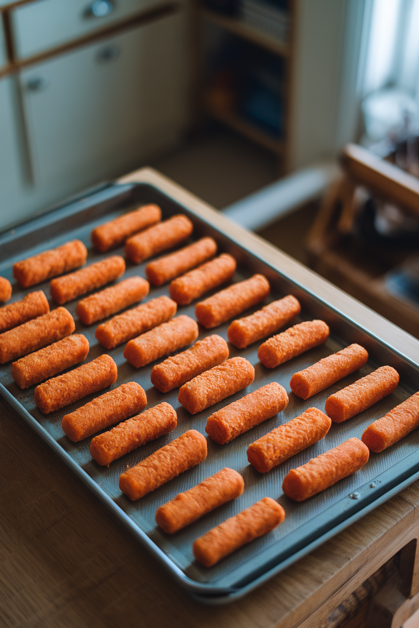 An indoor baking sheet on a wooden table filled with golden baked sweet potato tots arranged neatly in rows. Overhead perspective, no text or logos.