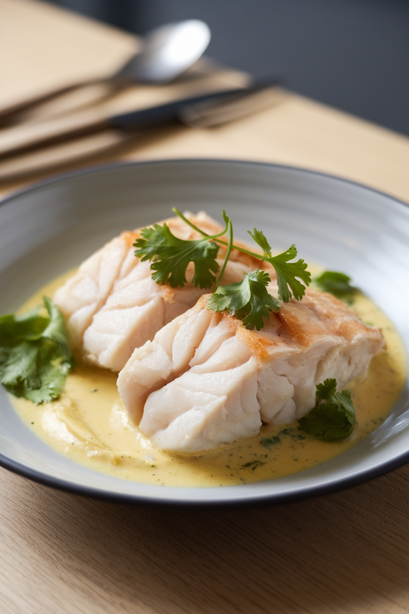 Indoor plate featuring flaky, fully cooked cod fillets resting in a shallow pool of coconut-lime sauce, garnished with cilantro. Soft, even lighting; no text or logos.