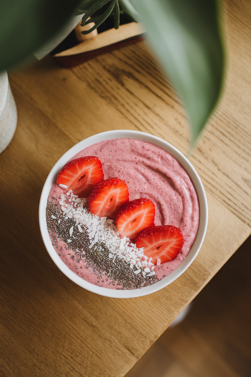 Indoor tabletop scene featuring a thick pink smoothie bowl topped with sliced strawberries, shredded coconut, and chia seeds, overhead angle. No text or logos.