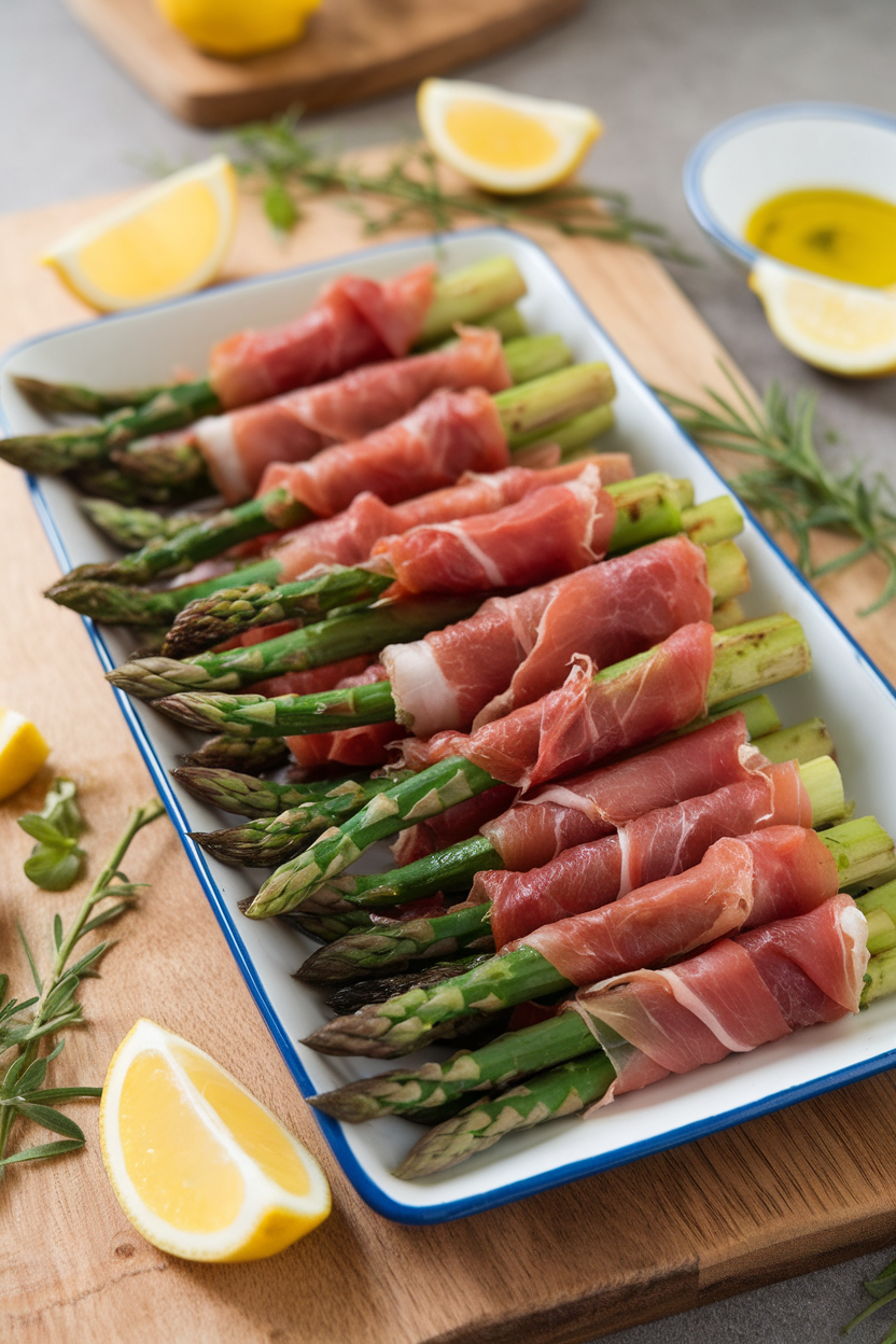 Indoor photo of a rectangular platter lined with thin asparagus spears tightly wrapped in prosciutto, tips slightly charred. No text or logos.