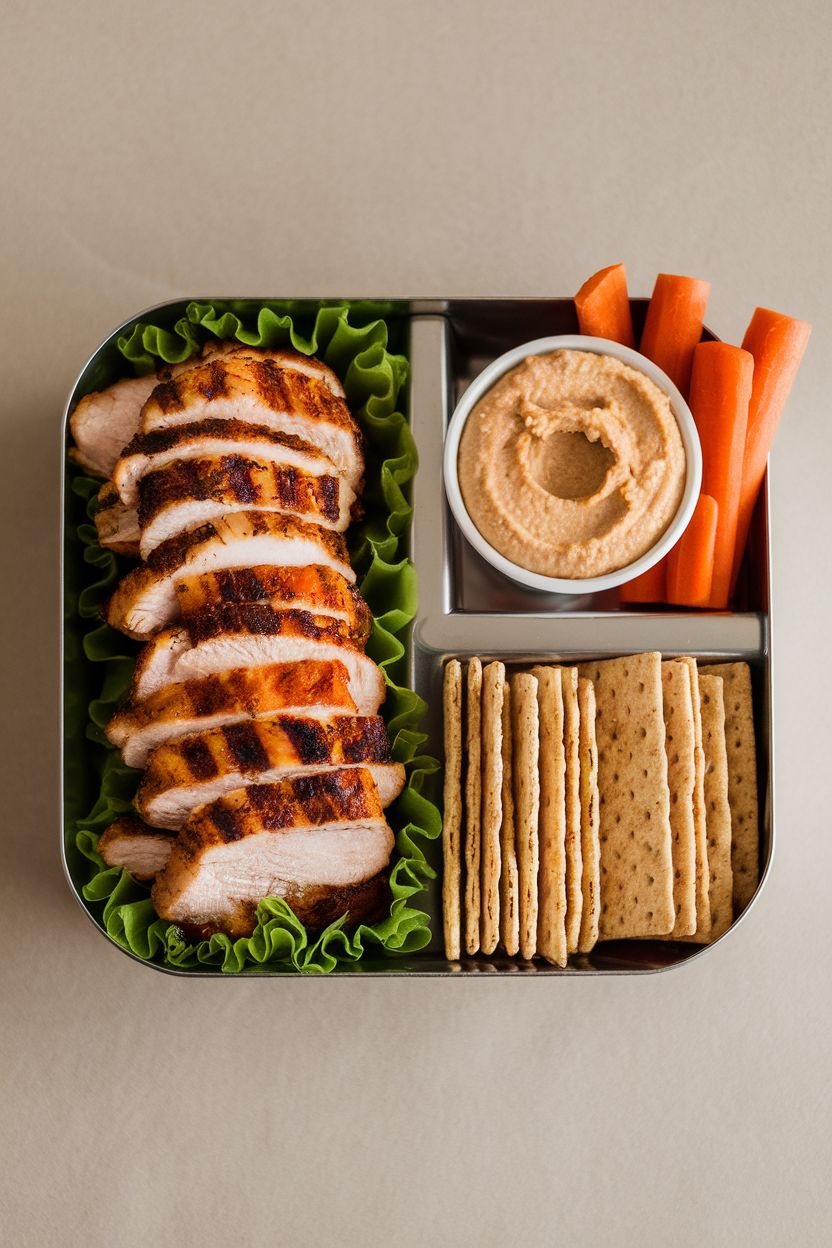 An indoor bento tray divided into sections holding grilled chicken strips, a small cup of hummus, carrot sticks, and whole-grain crackers; neutral background, no text or logos, photo not illustration.