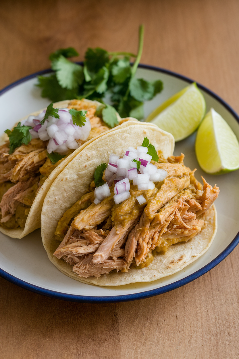 Indoor countertop with a plate of shredded salsa verde chicken tucked into corn tortillas, garnished with diced onion and cilantro. No text or logos present.