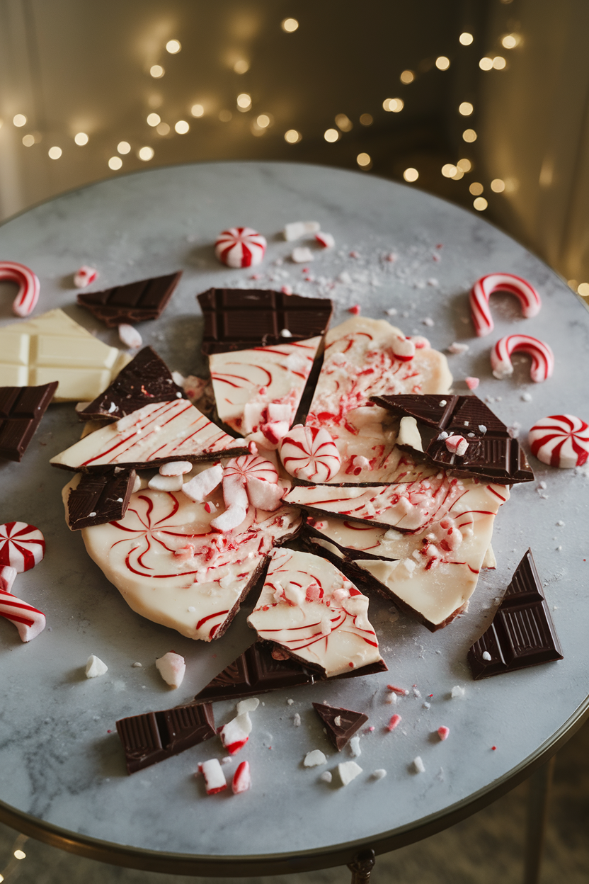 An indoor table scene with broken shards of dark and white chocolate peppermint bark, crushed candy canes scattered around; soft holiday lighting, no text or logos. Photo, not illustration.