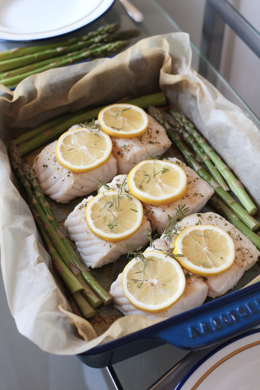 Indoor dining table showcasing a parchment-lined baking dish holding flaky cod fillets topped with lemon slices and herbs, spears of asparagus alongside. No text or logos; photo only.