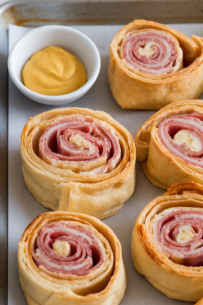 Photo of an indoor baking sheet with flaky puff pastry pinwheels revealing ham and melted Swiss swirls, a small bowl of mustard beside them. No text or logos visible.