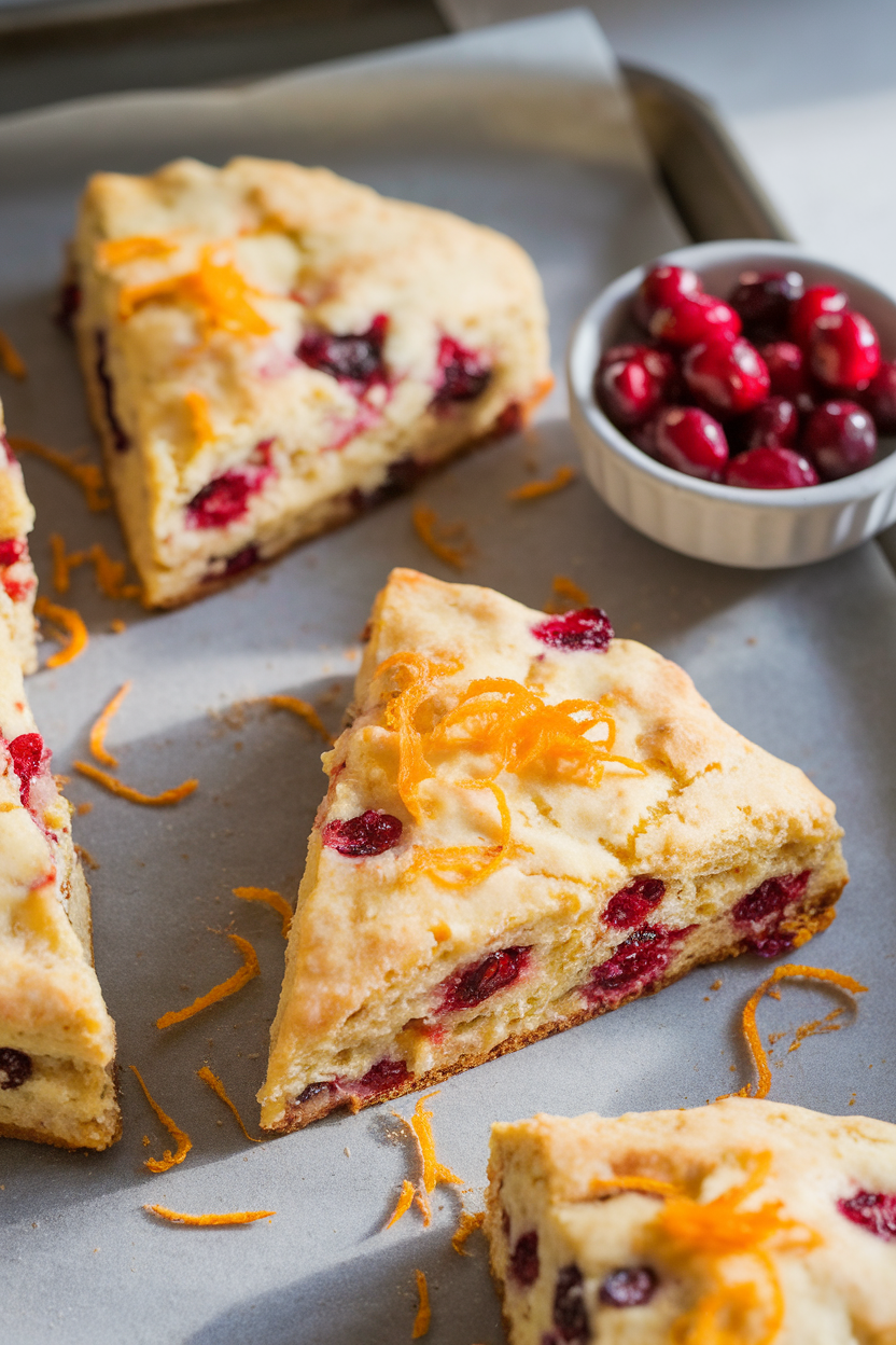 Close-up indoor photo of triangular cranberry-orange scones on a parchment-lined baking sheet, orange zest sprinkled on top. A small bowl of fresh cranberries is off to the side, soft morning light, no logos or text.