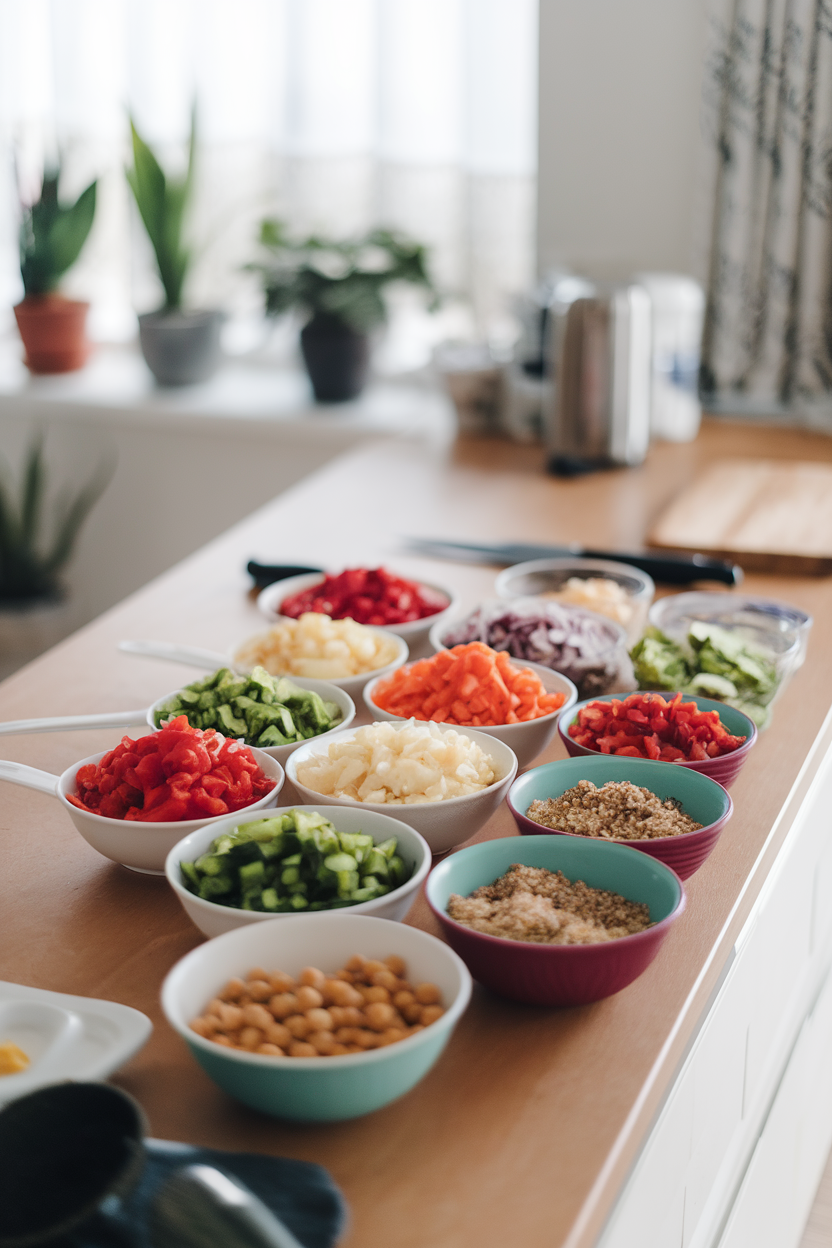 Indoor photo of several small bowls containing colorful chopped salad ingredients arranged across a kitchen counter, no text or logos