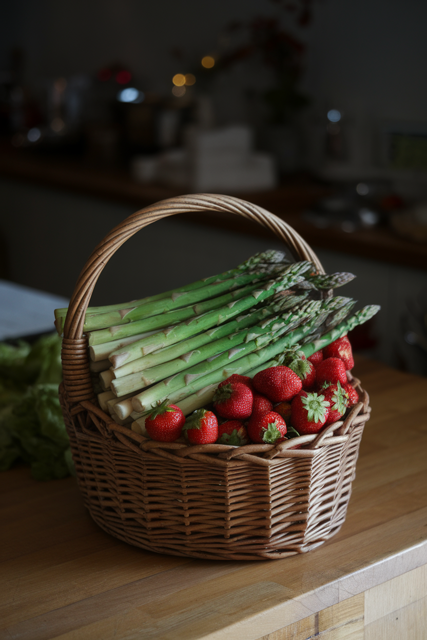 An indoor farmers-market style basket on a counter holding spring asparagus and strawberries—photo, no text or logos.