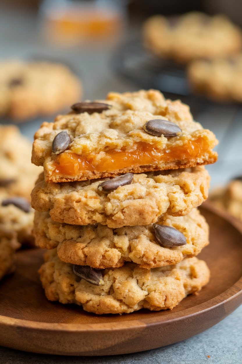 Photo prompt: Chewy apricot-sunflower cookies stacked indoors on a wooden plate, no logos.