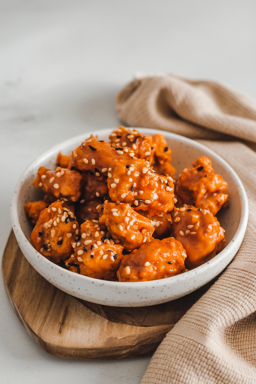 Indoor photo of glazed orange sesame chicken pieces sprinkled with sesame seeds in a bowl; no text or logos