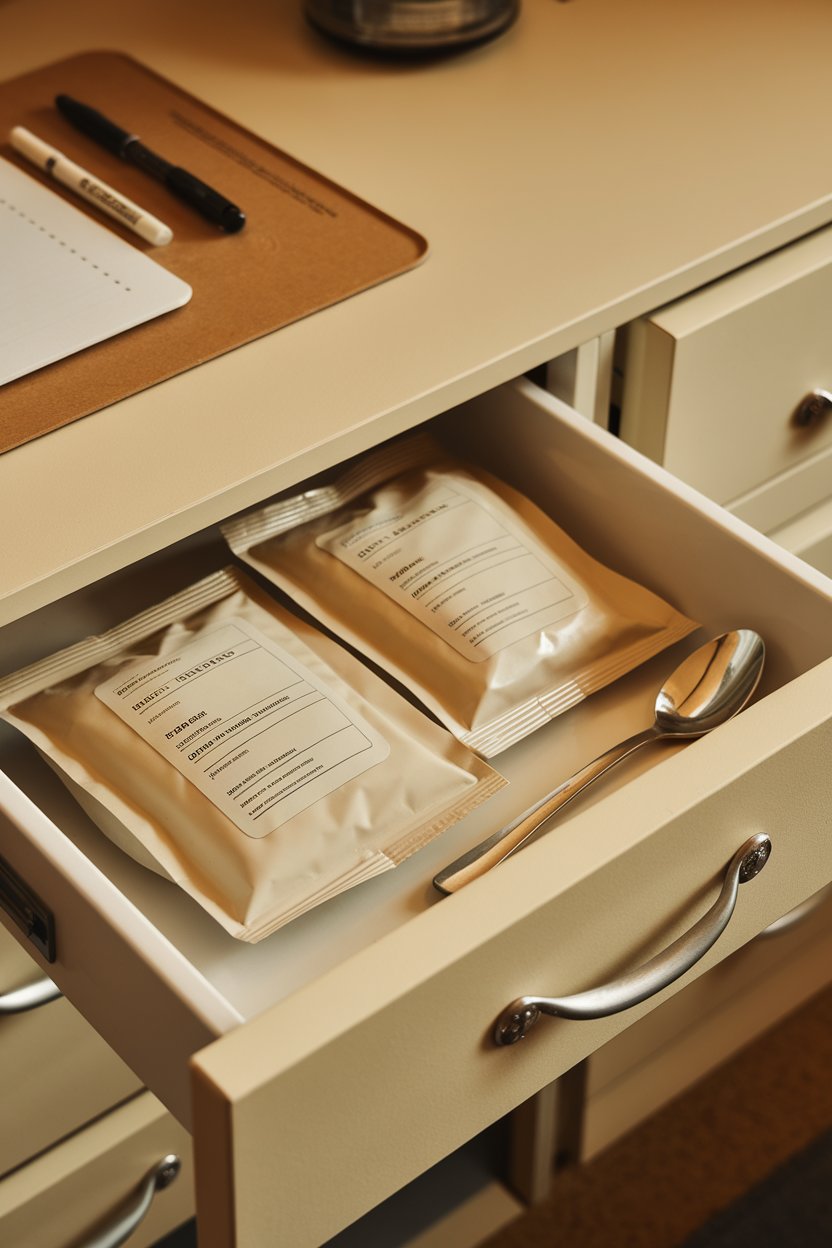 Photo of an office desk drawer partially open, revealing plain instant oatmeal packets and a spoon. Indoor office lighting, no text or logos.