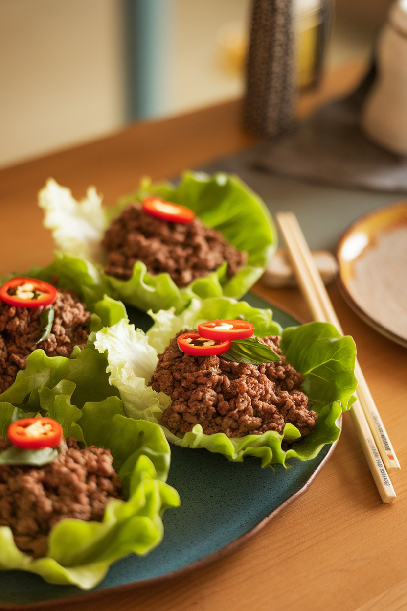 Indoor table featuring butter lettuce cups filled with basil-scented ground beef, topped with red chili slices—no text or logos.