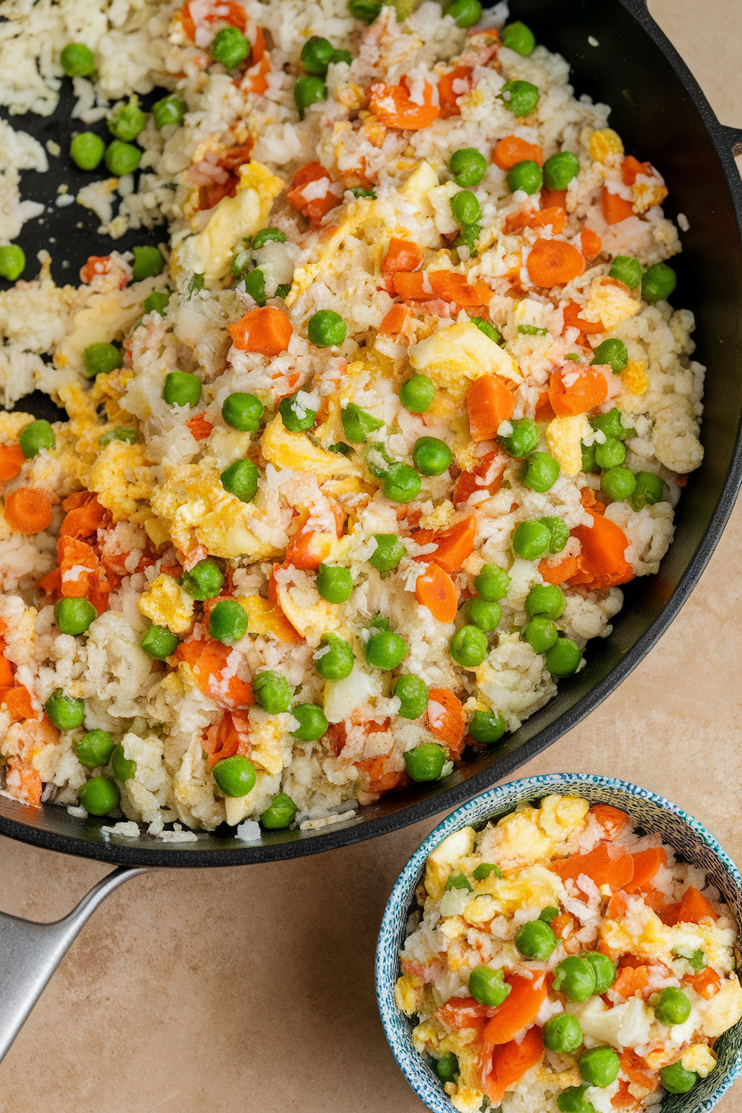 An indoor skillet filled with cauliflower rice, peas, carrots, and bits of scrambled egg, portion ladled into a small bowl nearby. No text or logos.