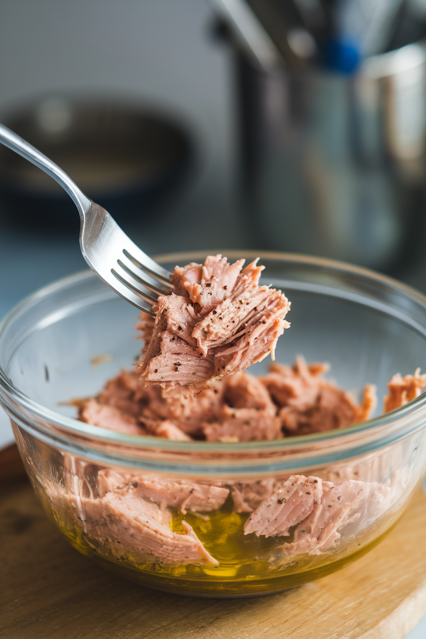 Indoor photo of a fork breaking apart cooked canned tuna in a glass mixing bowl; soft afternoon light, no text or logos