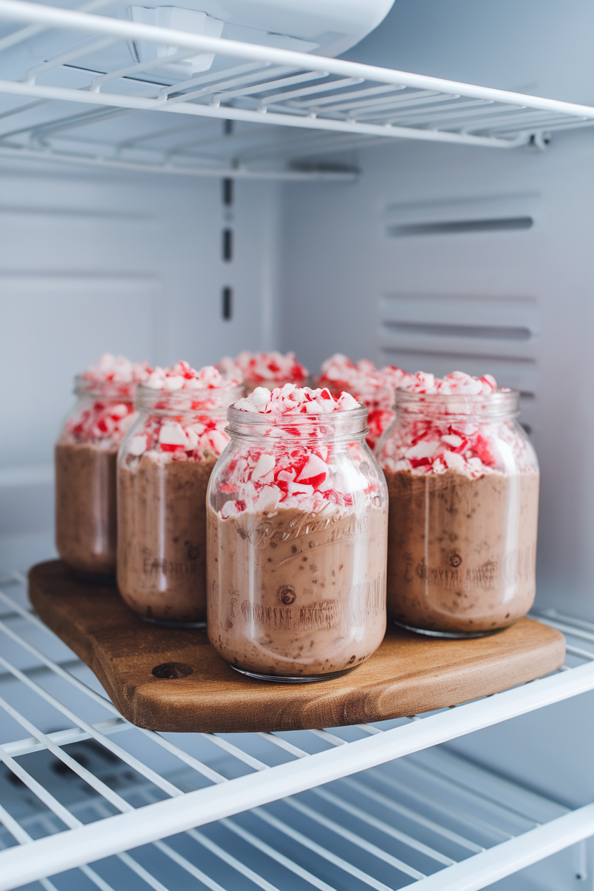 An indoor refrigerator shelf with jars of chocolate overnight oats topped with crushed peppermint candy. No text or logos. Photo, not illustration.