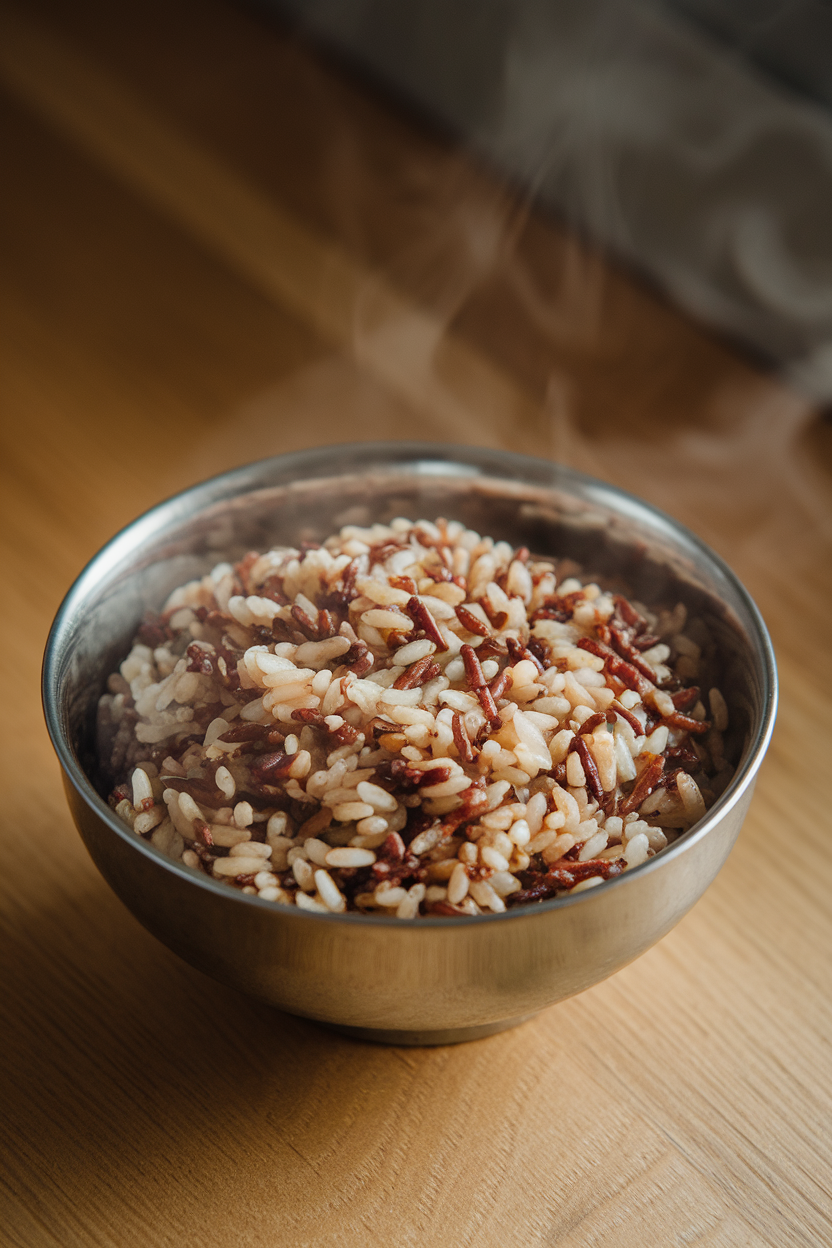Photo of an indoor bowl containing a mix of brown and wild rice, steam rising, no text or logos.