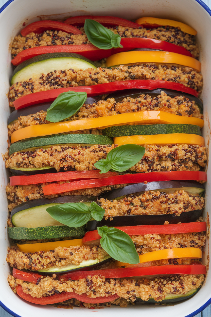 Photo of a colorful indoor casserole dish layered with zucchini, eggplant, bell pepper, tomatoes, and fluffy tri-color quinoa, garnished with fresh basil. No text or logos anywhere.