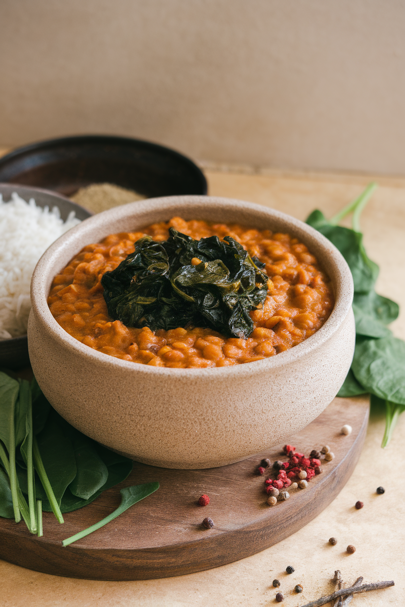Indoor photo of a stoneware bowl filled with thick red lentil dal, wilted spinach visible; no text or logos