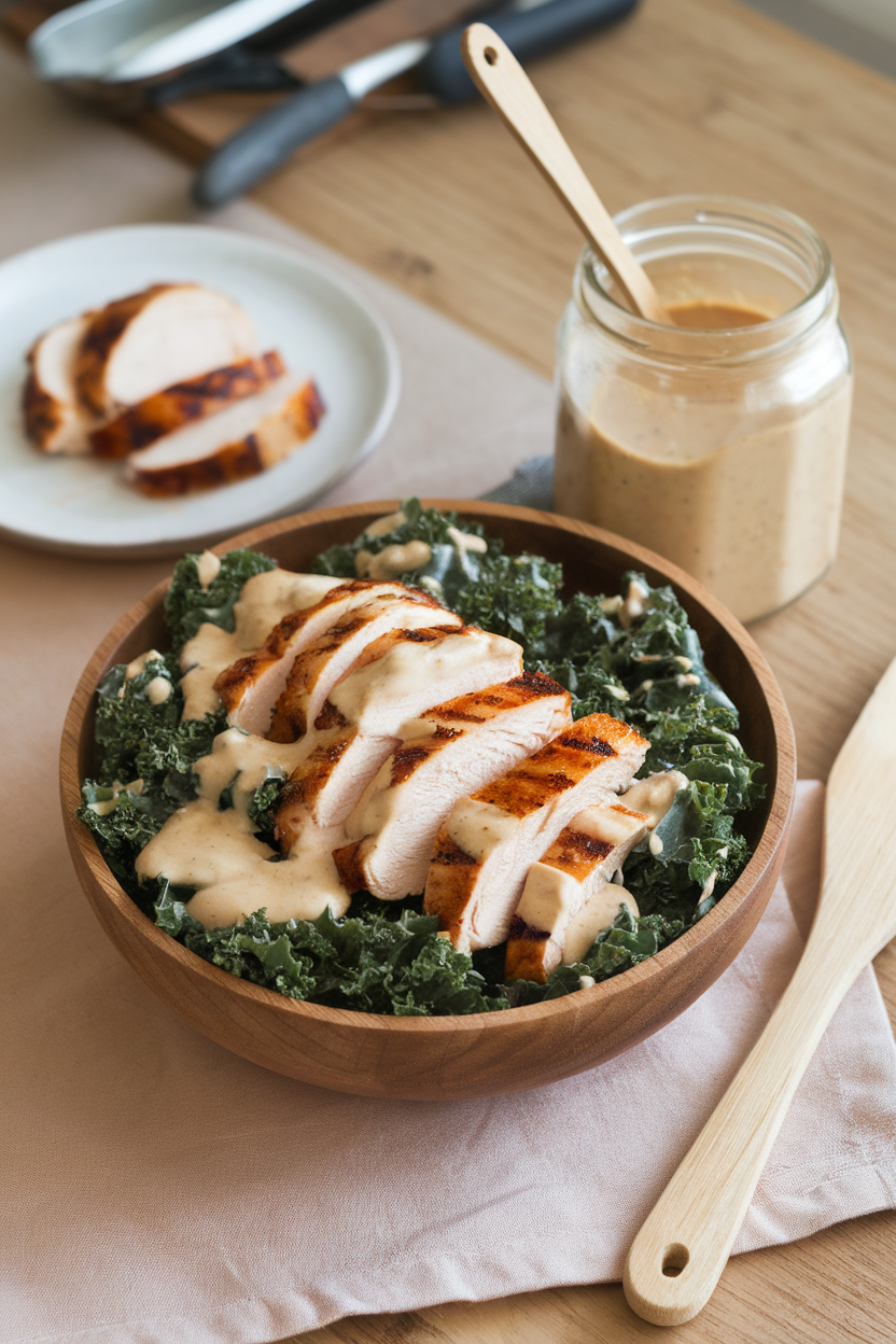 An indoor tabletop displaying a wooden bowl of massaged kale, sliced grilled chicken, and a creamy cashew-based dressing drizzled on top — no text or logos