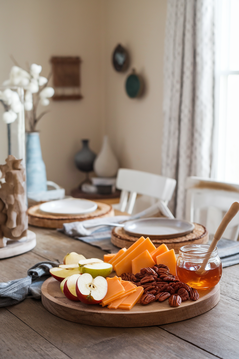 Indoor farmhouse table with a board featuring apple slices, sharp cheddar, cinnamon candied pecans, and honey; no logos or text.