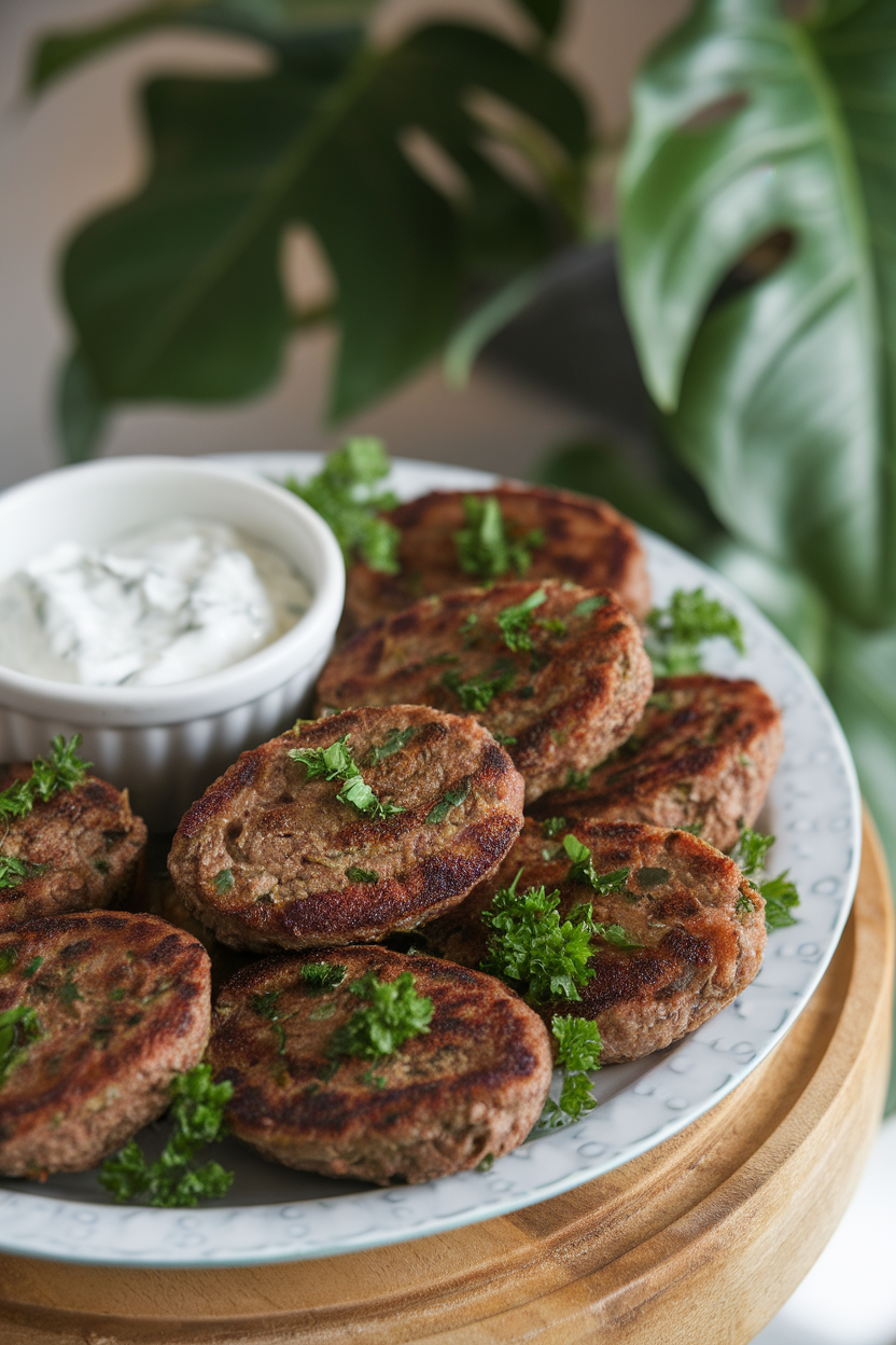 Indoor serving platter of oval beef kofta pieces garnished with parsley, small bowl of yogurt dip nearby—no text or logos.