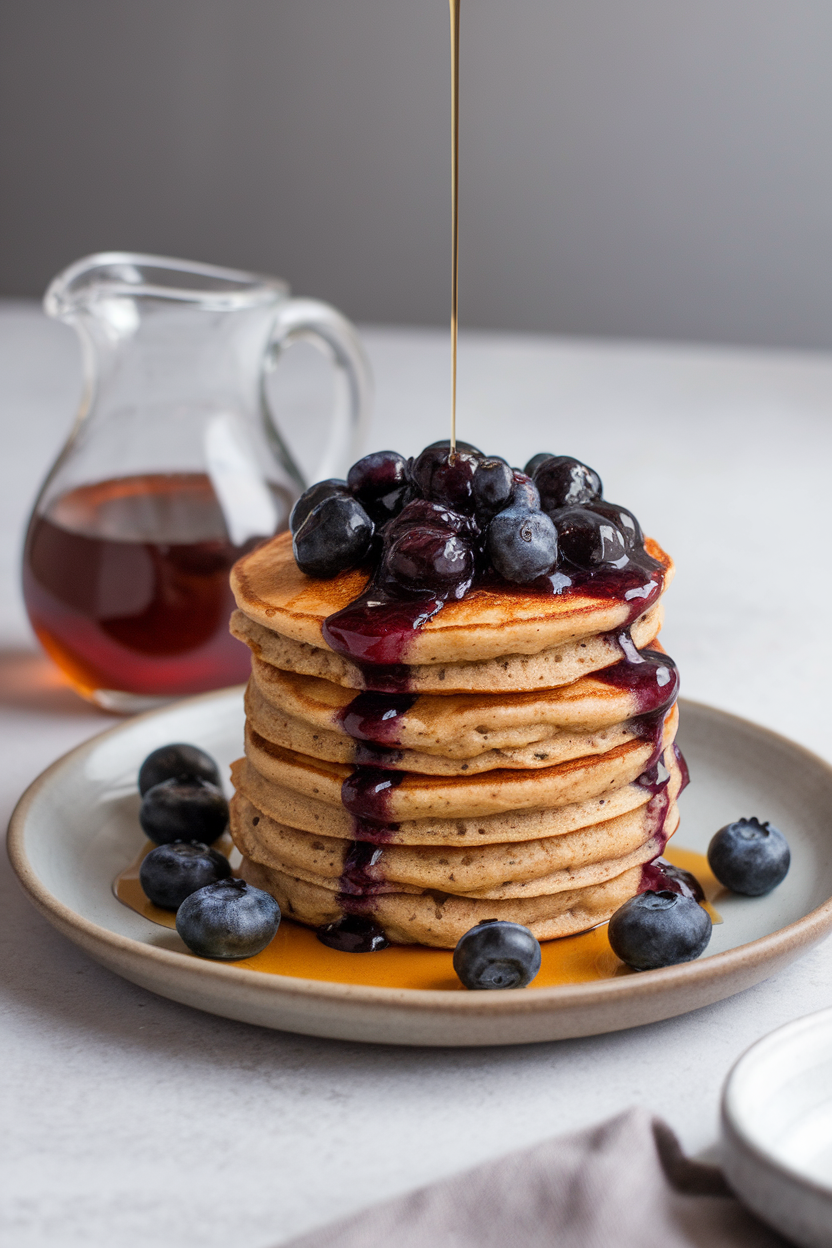 An indoor photo of a stack of fluffy buckwheat pancakes drizzled with warm blueberry compote on a neutral plate, maple syrup pitcher nearby. No text or logos.