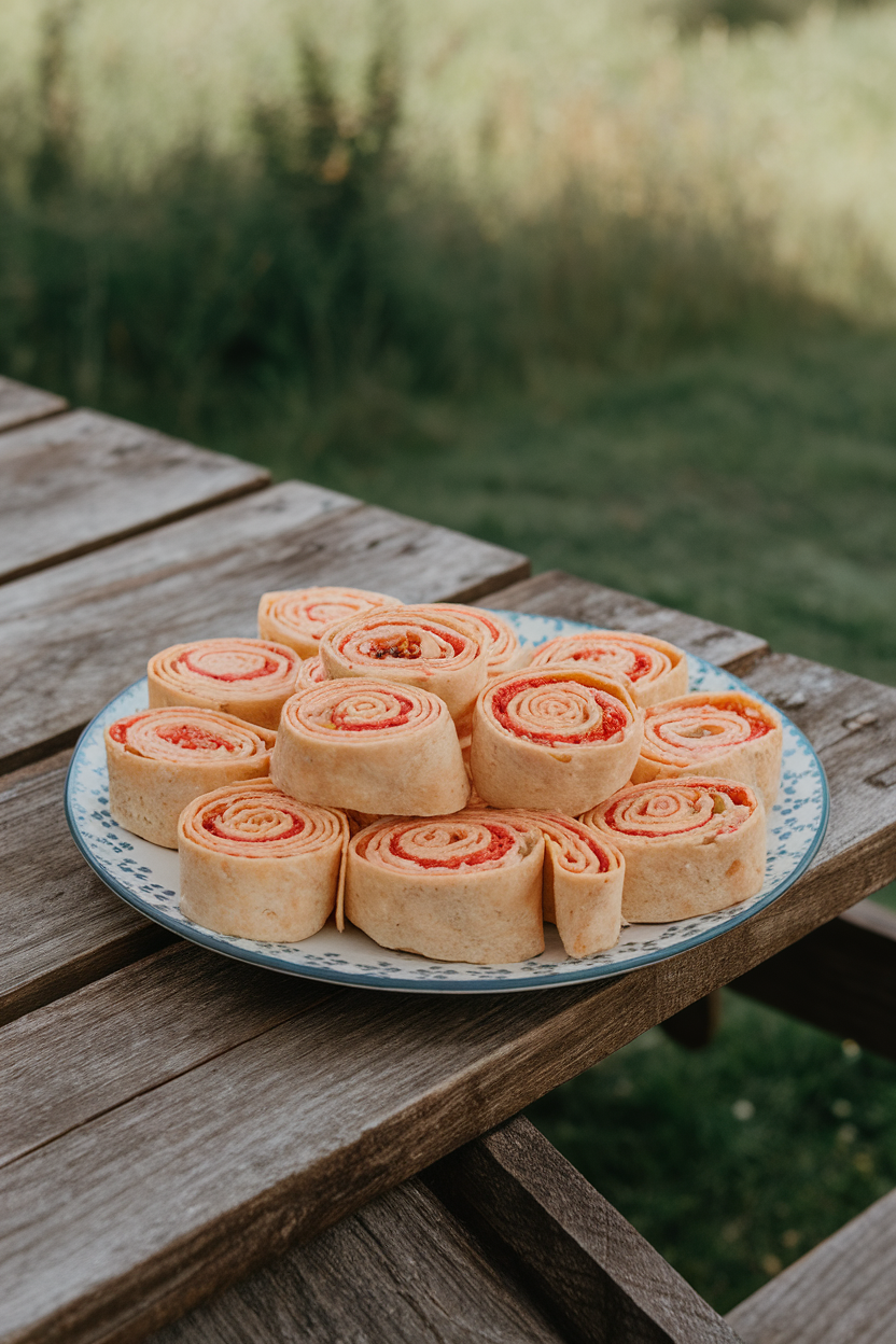 A plate on an indoor picnic table showing tortilla pinwheels with swirls of strawberry cream cheese. No text or logos.