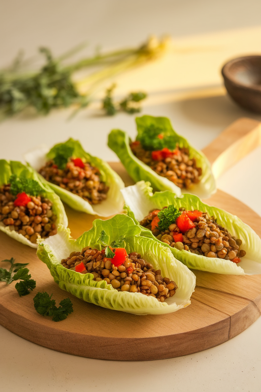 Indoor photo of romaine boats filled with seasoned green lentils, diced red pepper, and parsley, arranged on a serving board. No text or logos present.