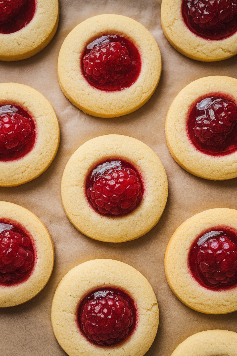 An indoor close-up of buttery thumbprint cookies filled with bright red raspberry jam, resting on parchment paper. Photo, no text or logos.