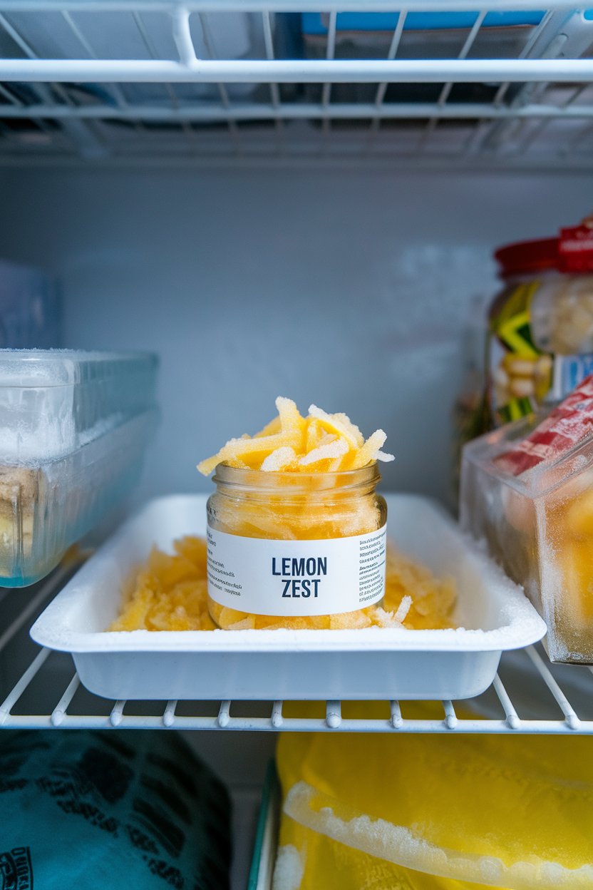 Photo of a small glass jar labeled “Lemon Zest” filled with frozen yellow shavings on a freezer shelf indoors. No text or logos beyond the label.