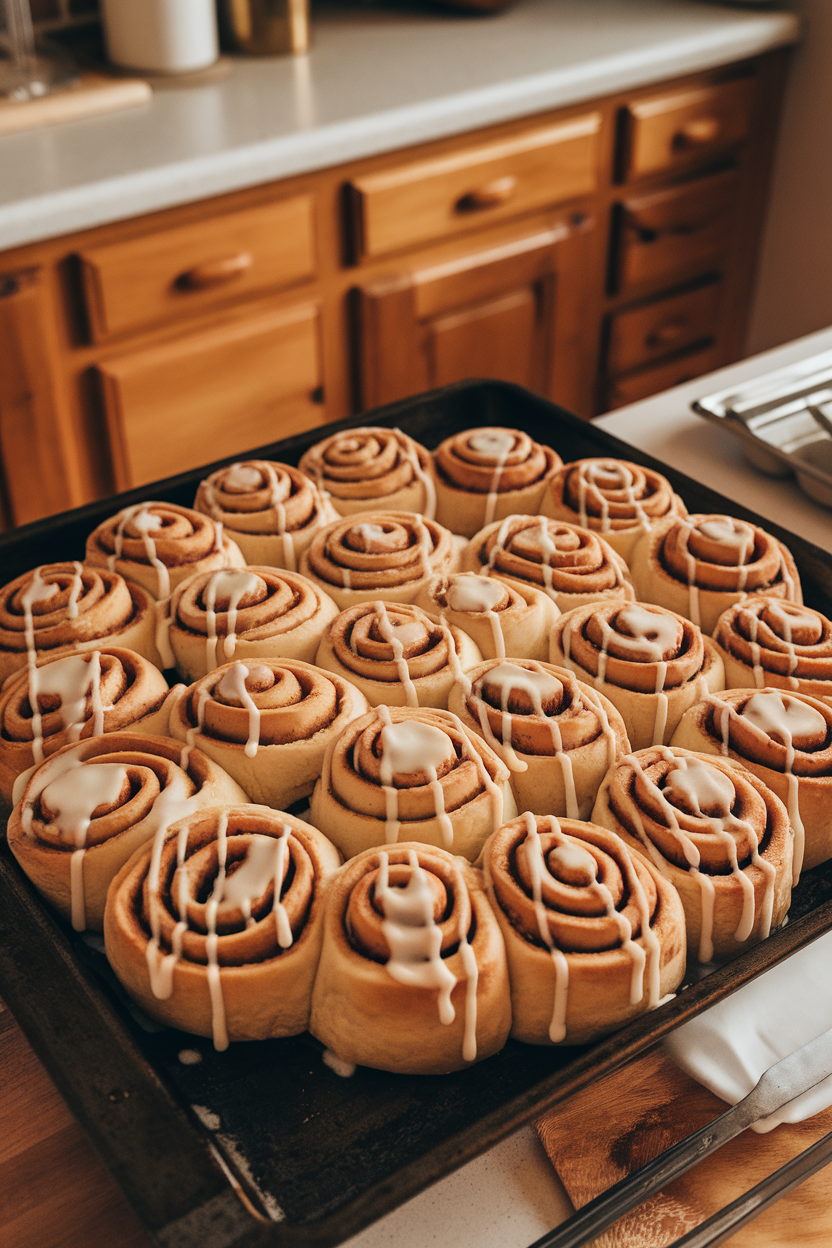 A circular arrangement of cinnamon rolls on a baking sheet indoors, drizzled with cream cheese icing, center left hollow for decoration. No text or logos.