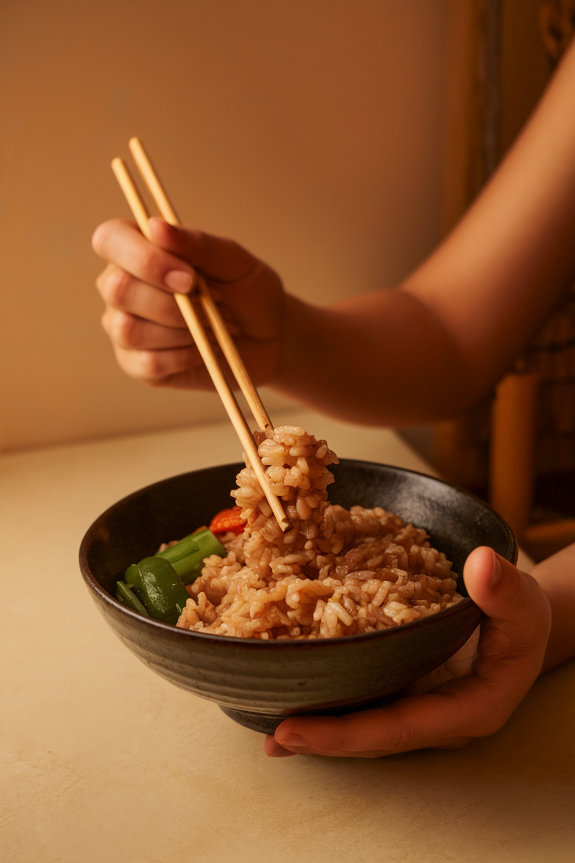 A person’s hands holding chopsticks over a bowl of brown rice and vegetables, paused mid-meal, indoor setting. No identifiable faces, text, or logos. Photo.