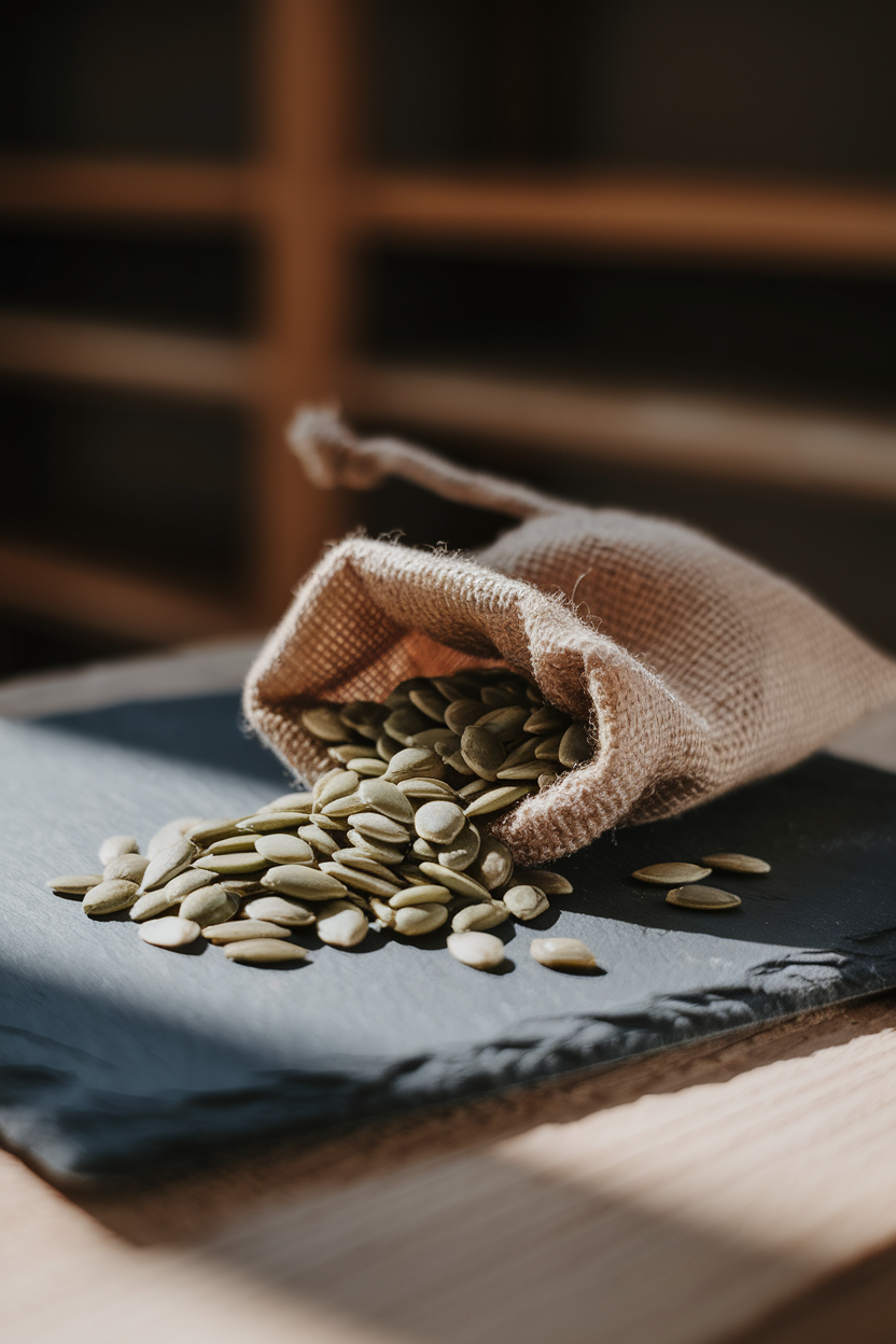 Indoor photo of green pumpkin seeds in a small burlap sack tipped onto a slate board; side lighting, no text or logos