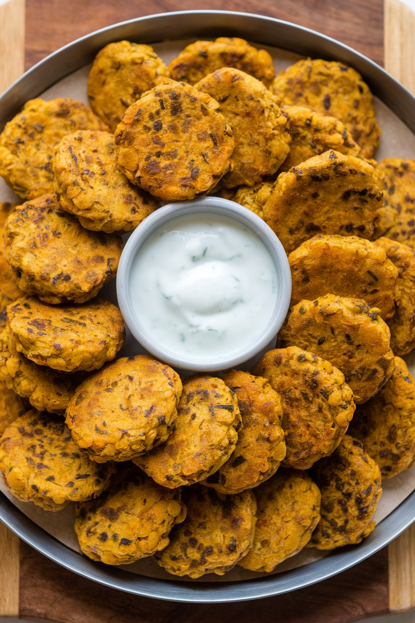 An indoor tray piled with mini lentil patties flecked with curry spices, accompanied by a yogurt dip—photo, no text or logos.