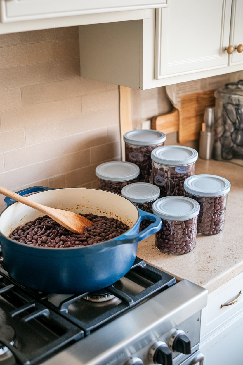 An indoor stovetop with a dutch oven full of simmering black beans next to cooled portions in reusable glass containers. No logos or text. Photo.