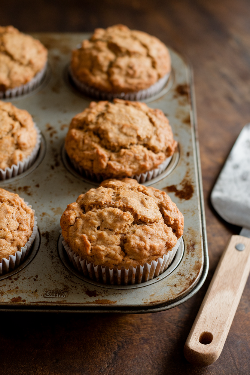 Indoor photo of oat bran banana muffins in a vintage muffin tin, no text or logos