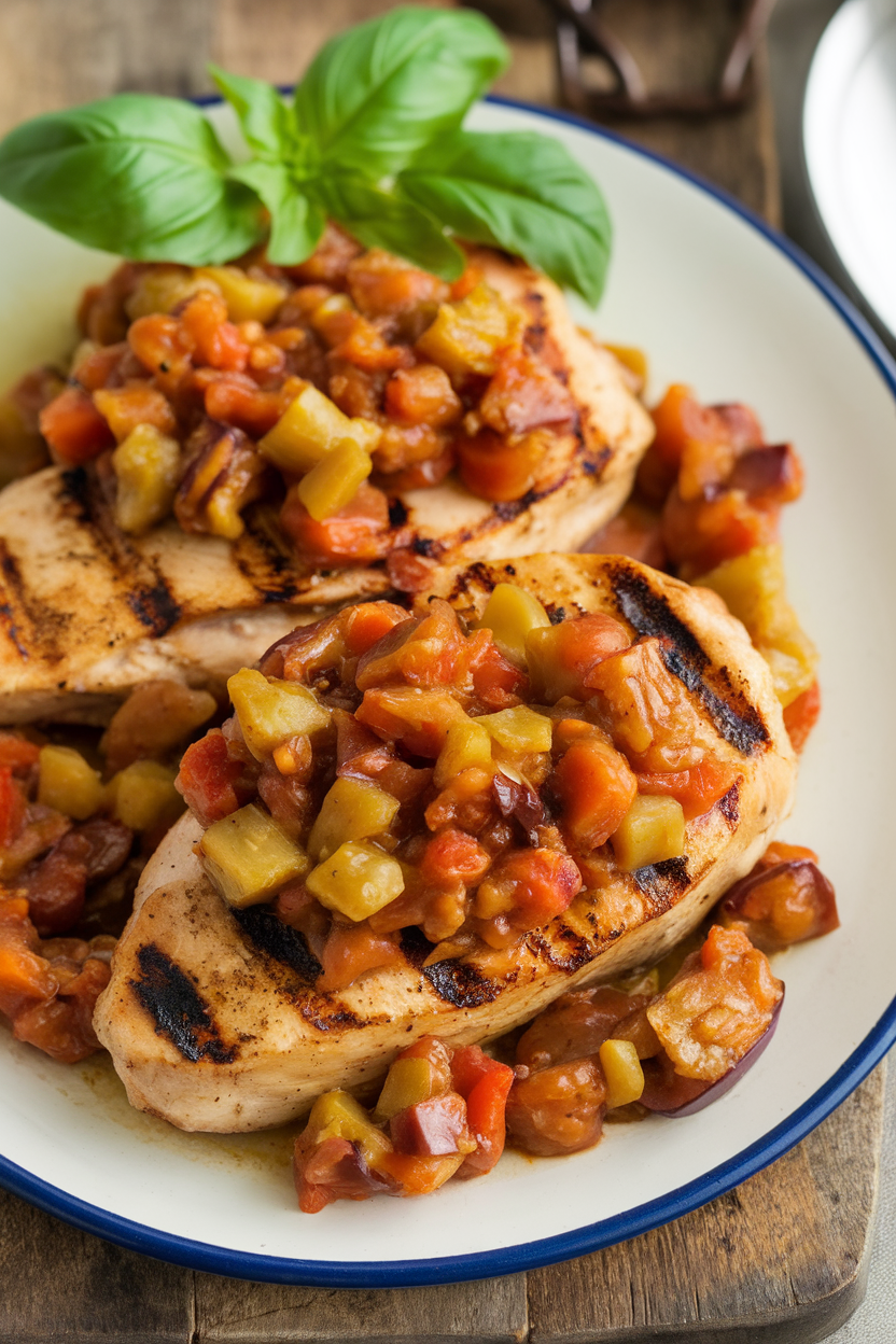 Photo of grilled chicken breasts topped with chunky eggplant caponata, served on an indoor platter. No text or logos.</Prompt
