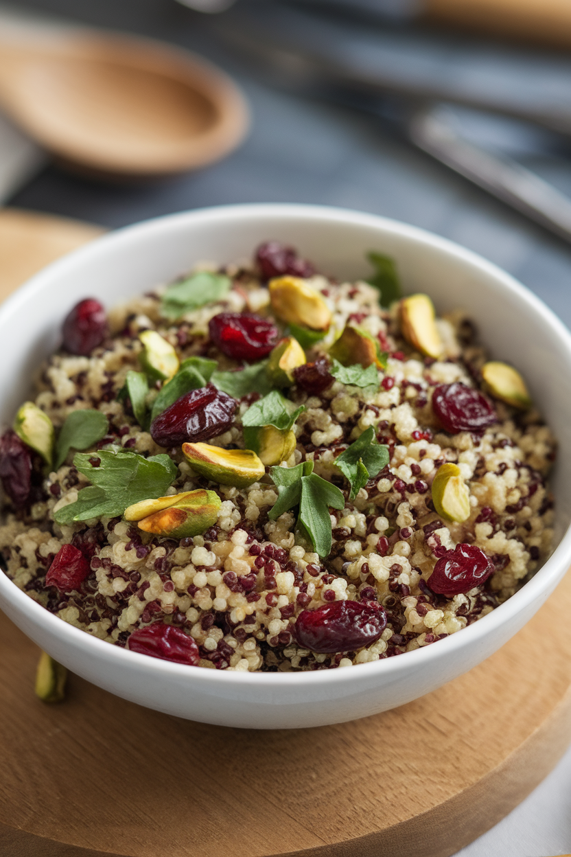 An indoor bowl of tricolor quinoa dotted with dried cranberries, chopped pistachios, and parsley, light vinaigrette glistening. This should be a photo, not an illustration. No text or logos anywhere in the scene.