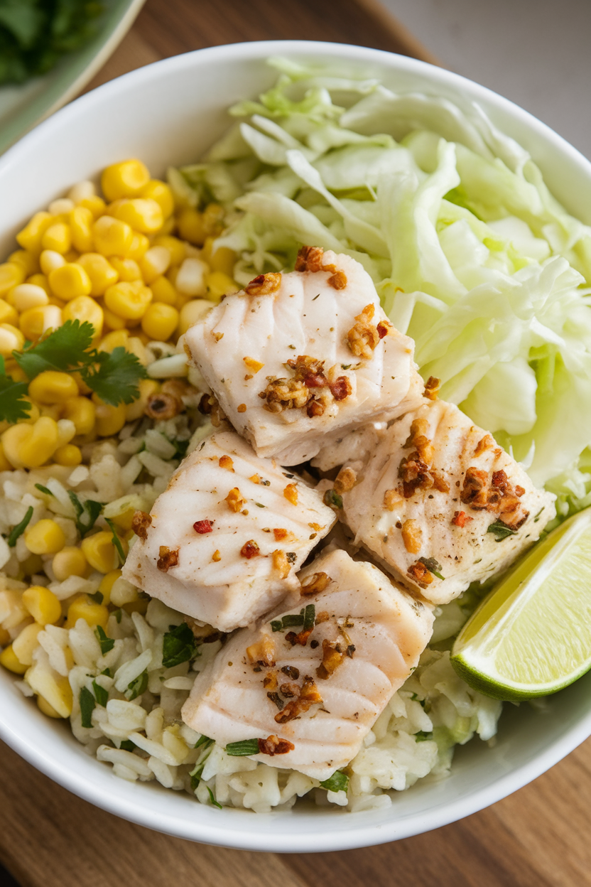 An indoor bowl holding seasoned white fish pieces, cilantro-lime rice, corn, and shredded cabbage, lime wedge on the side. No text or logos.