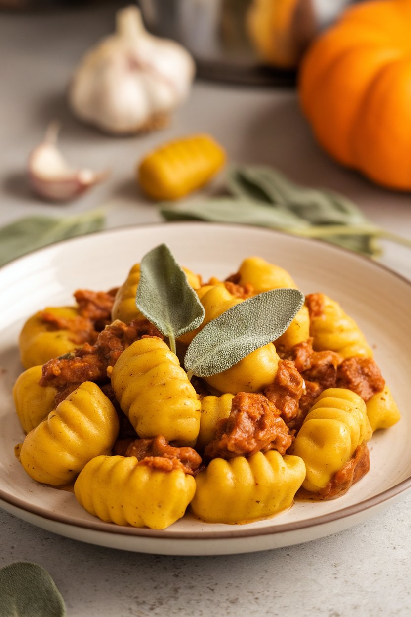 Indoor plate of pillowy pumpkin gnocchi tossed in browned vegan butter with sage leaves; shallow depth of field, no text or logos.