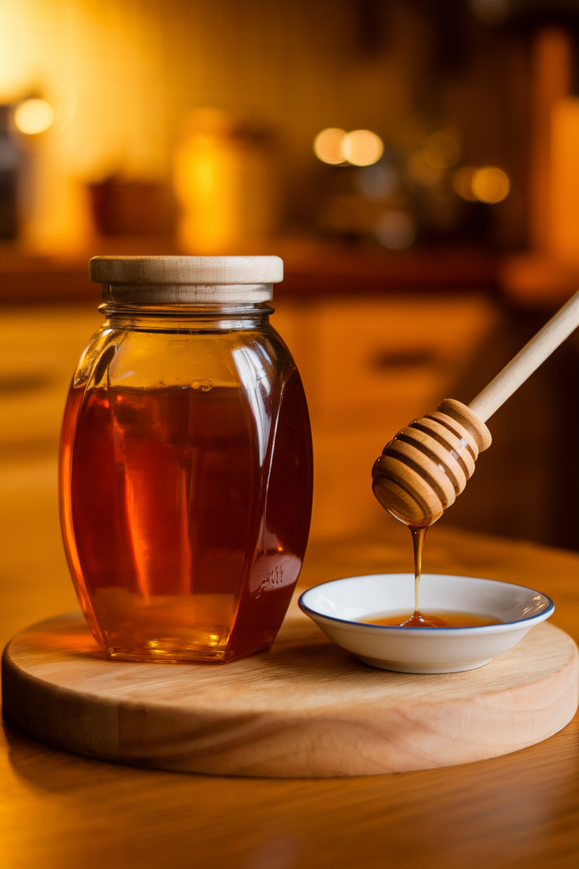 Indoor photo of a glass honey jar with a wooden dipper drizzling amber honey onto a small saucer; warm kitchen lighting, no text or logos