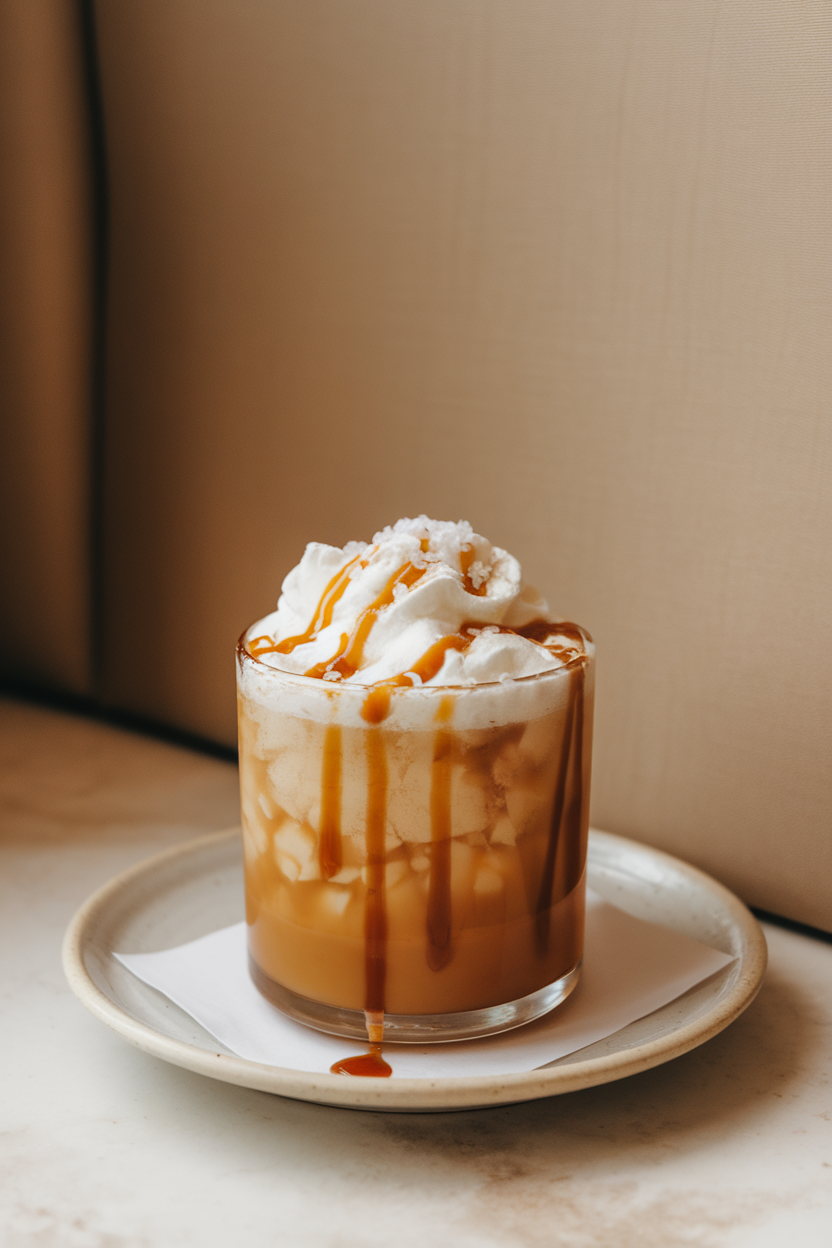 Indoor dessert lounge with a rocks glass of thick caramel-colored cocktail drizzled inside with caramel sauce, fine sea salt sprinkled on whipped cream top. No text or logos; photograph, not illustration.