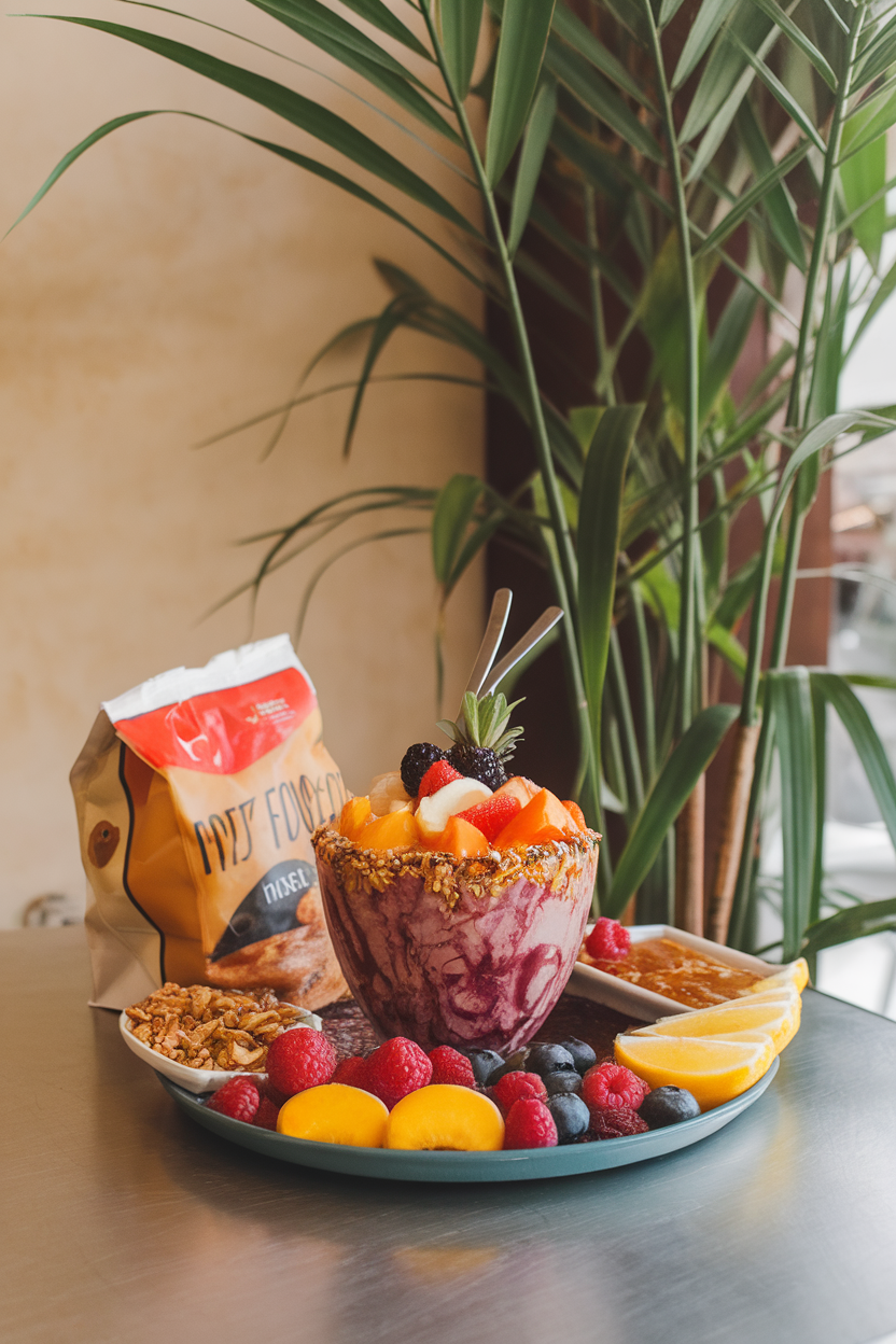 Indoor café table with a colorful açai bowl topped with fresh fruit next to a greasy fast-food bag for contrast, no text or logos. Photo.