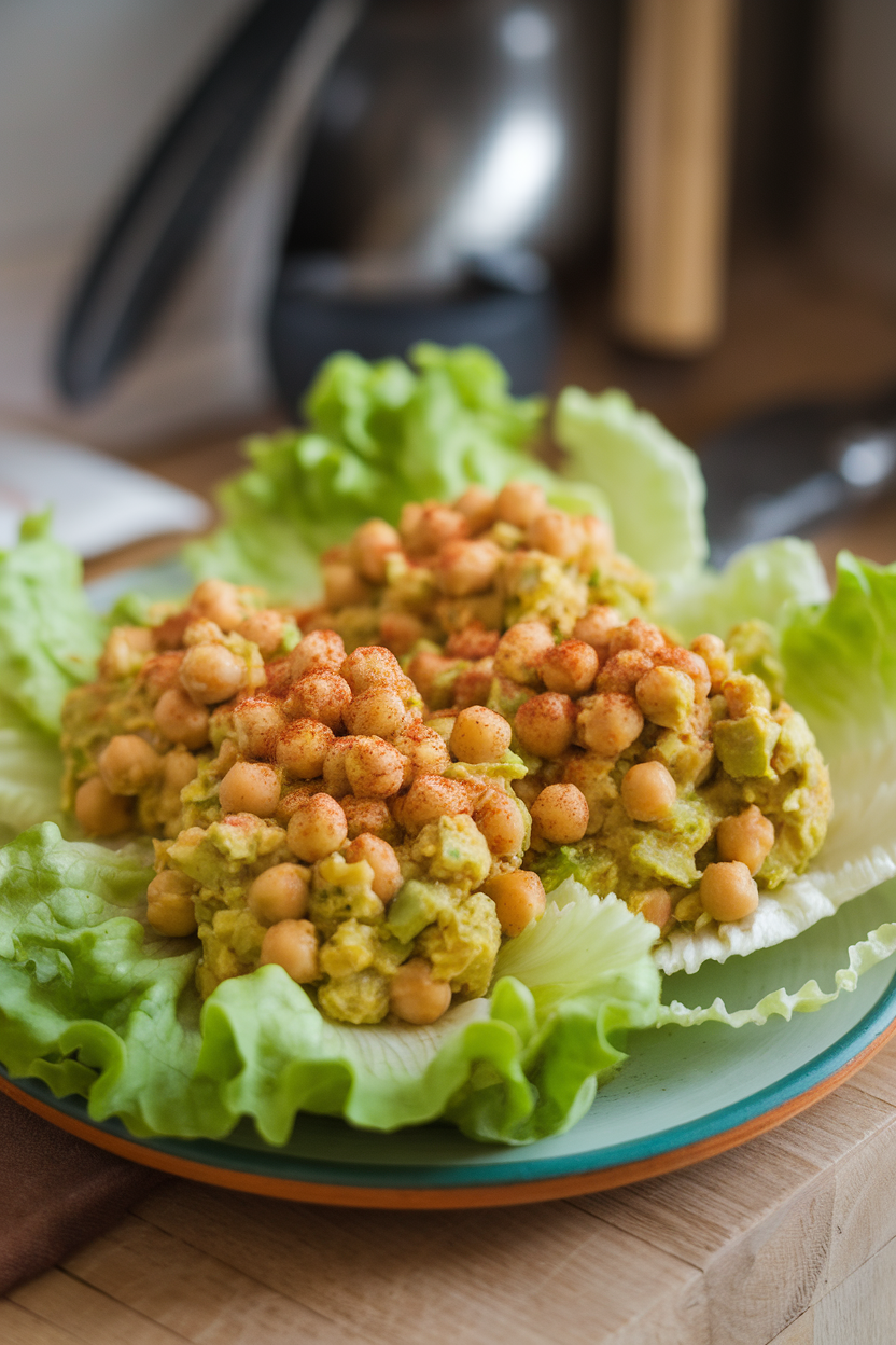 Indoor plate with butter lettuce leaves filled with mashed chickpea-avocado salad, sprinkled with paprika—photo, no text or logos.