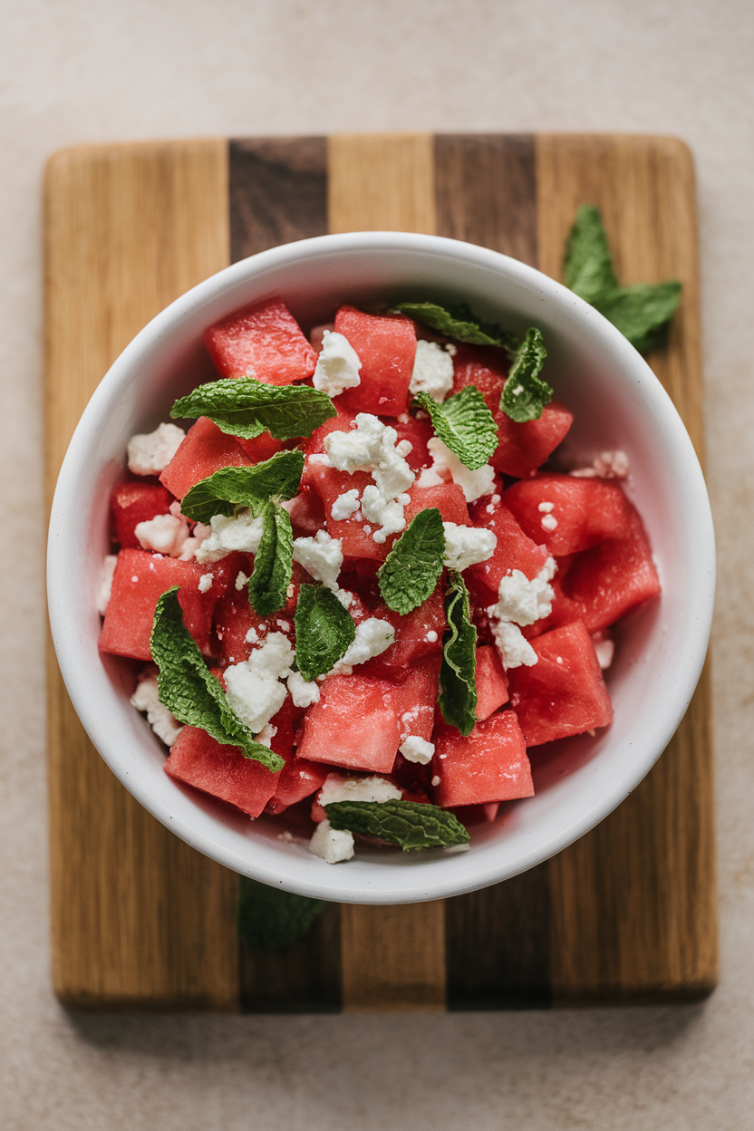 Bowl indoors with diced watermelon, fresh mint leaves, and feta crumbles, no text or logos