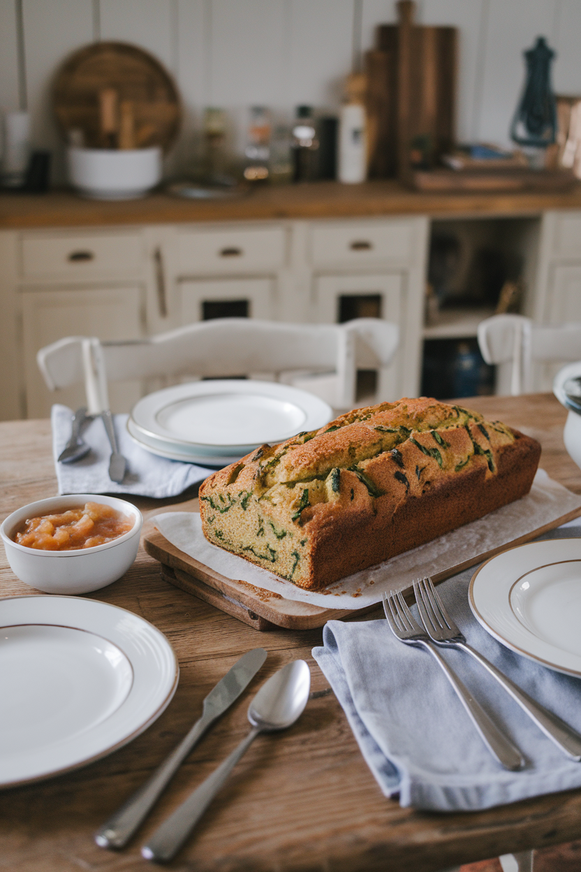 An indoor farmhouse table holding a zucchini loaf studded with green flecks, a small bowl of applesauce nearby. No text or logos. Photo only.