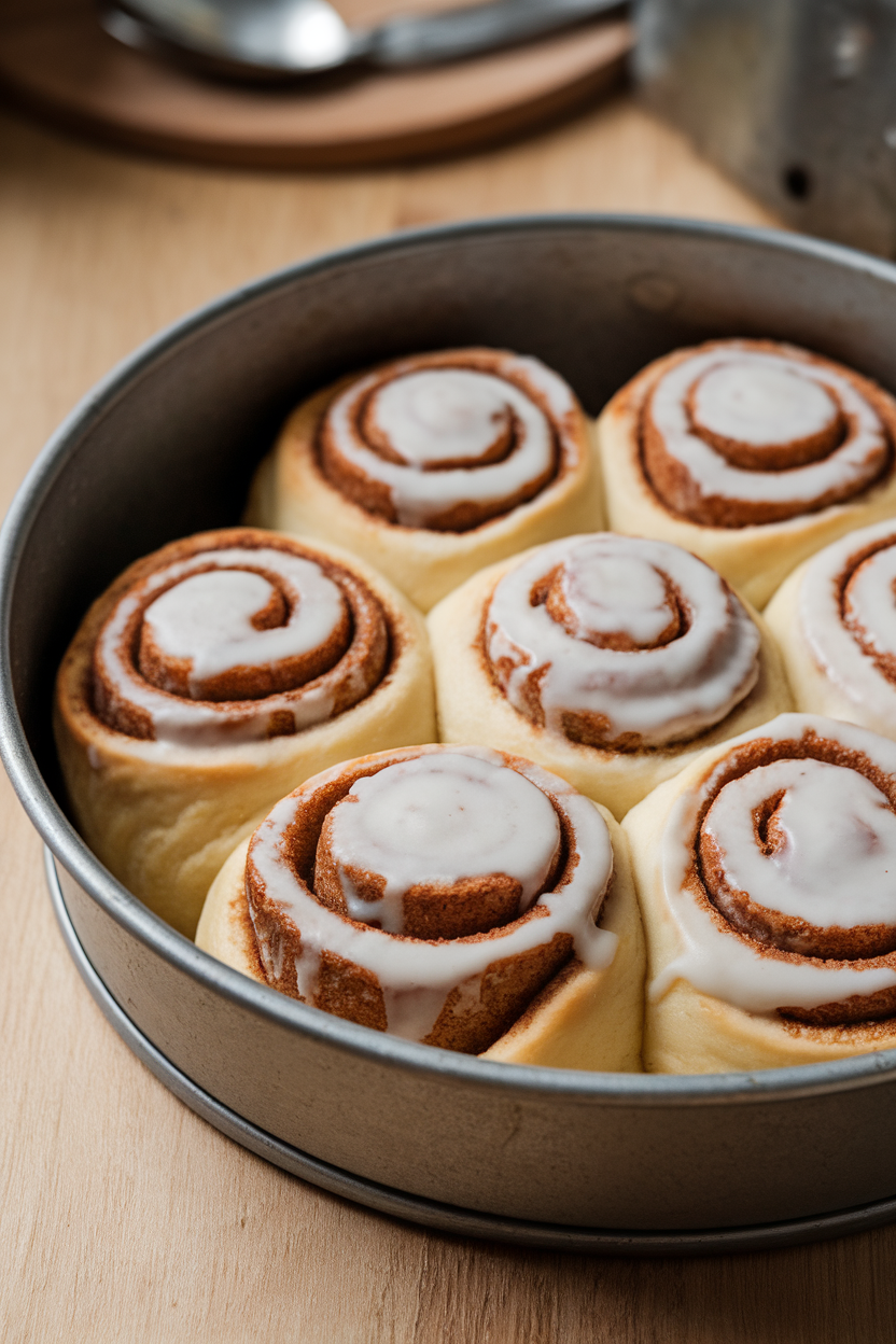 Indoor photo of fluffy cinnamon rolls swirled with icing in a metal baking pan; no text or logos