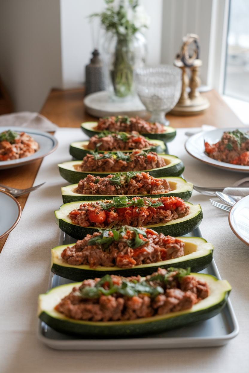 Indoor dining table featuring halved zucchini boats filled with lean beef, tomatoes, and herbs, browned on top. No text or logos; photo.